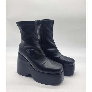 Black Chunky Platform Block Heel Zip Square Toe Women's Mid-Calf Boots 7 Retro